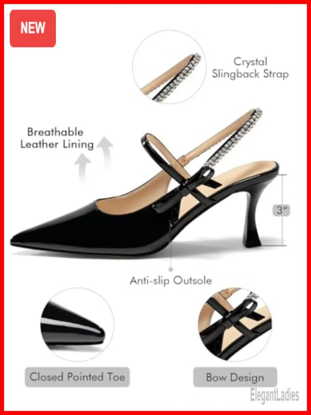 Slingback Kitten Heels Mary Jane Shoes Bow Crystal Closed Pointed Toe Pumps